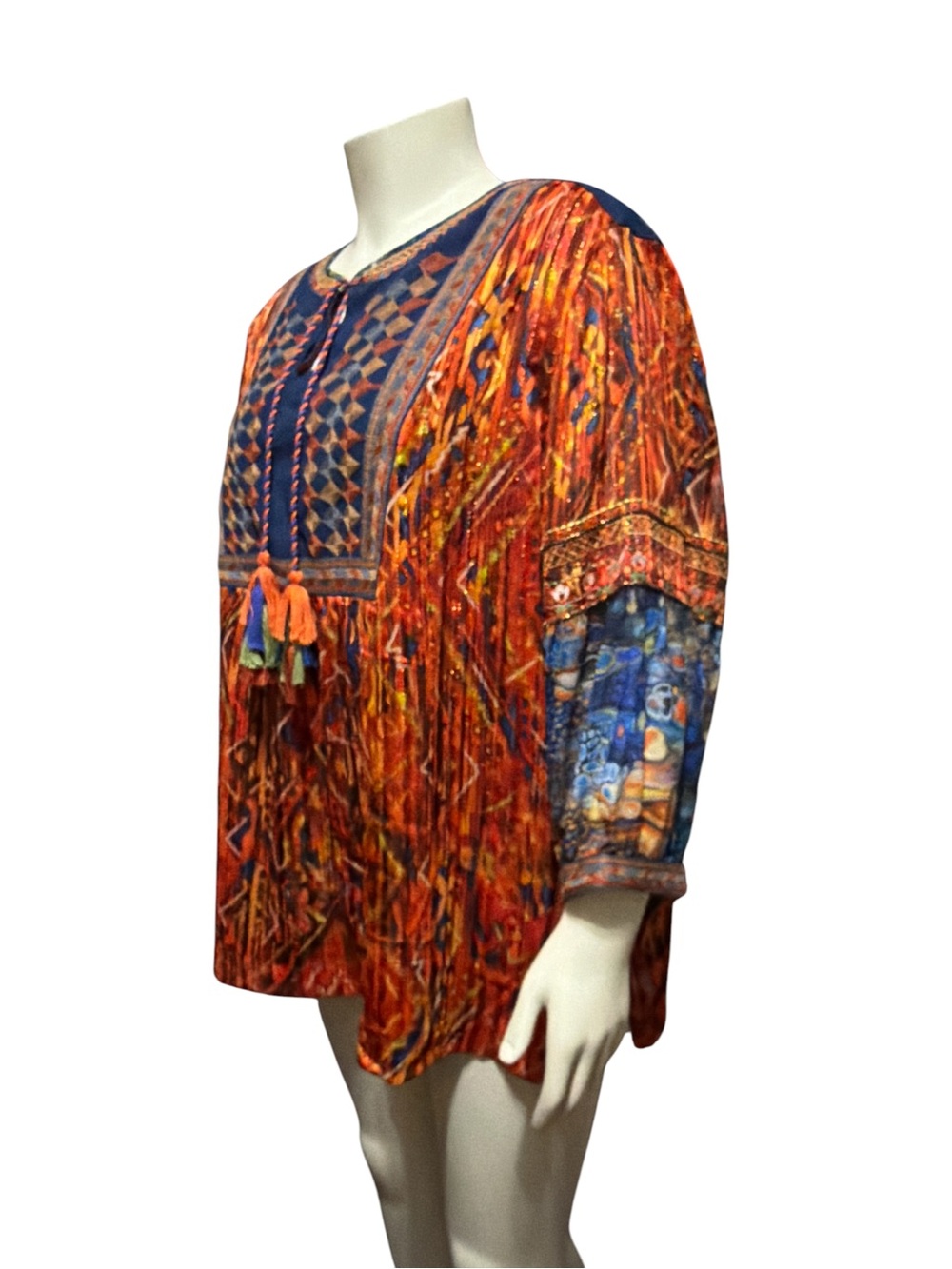 John Mark Autumn Hues Boho Tunic Top Plus 2X Ikat Print Embroidered Tassel Tie - Picture 6 of 13
